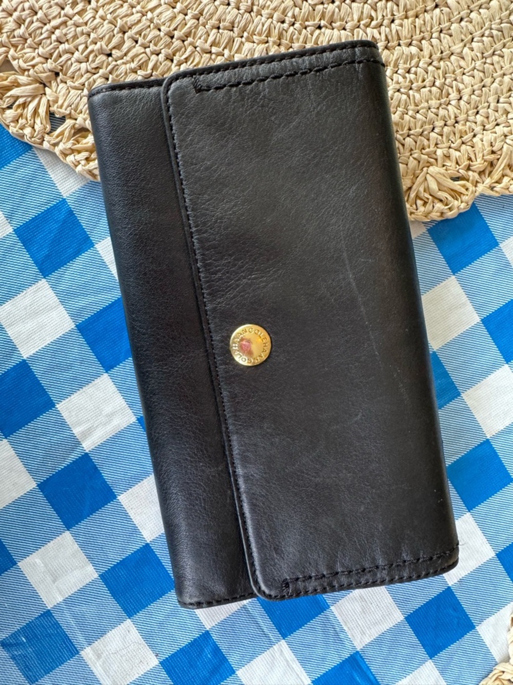Cole Haan Black Leather Trifold Wallet with Gold Snap